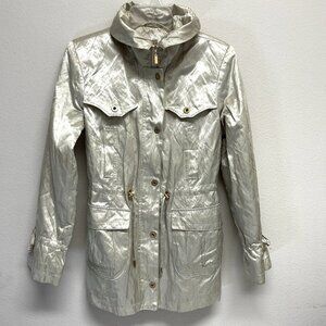 Gallery Petite MP Beige Metallic Utility Anorak Jacket Lined Full Zip Drawstring